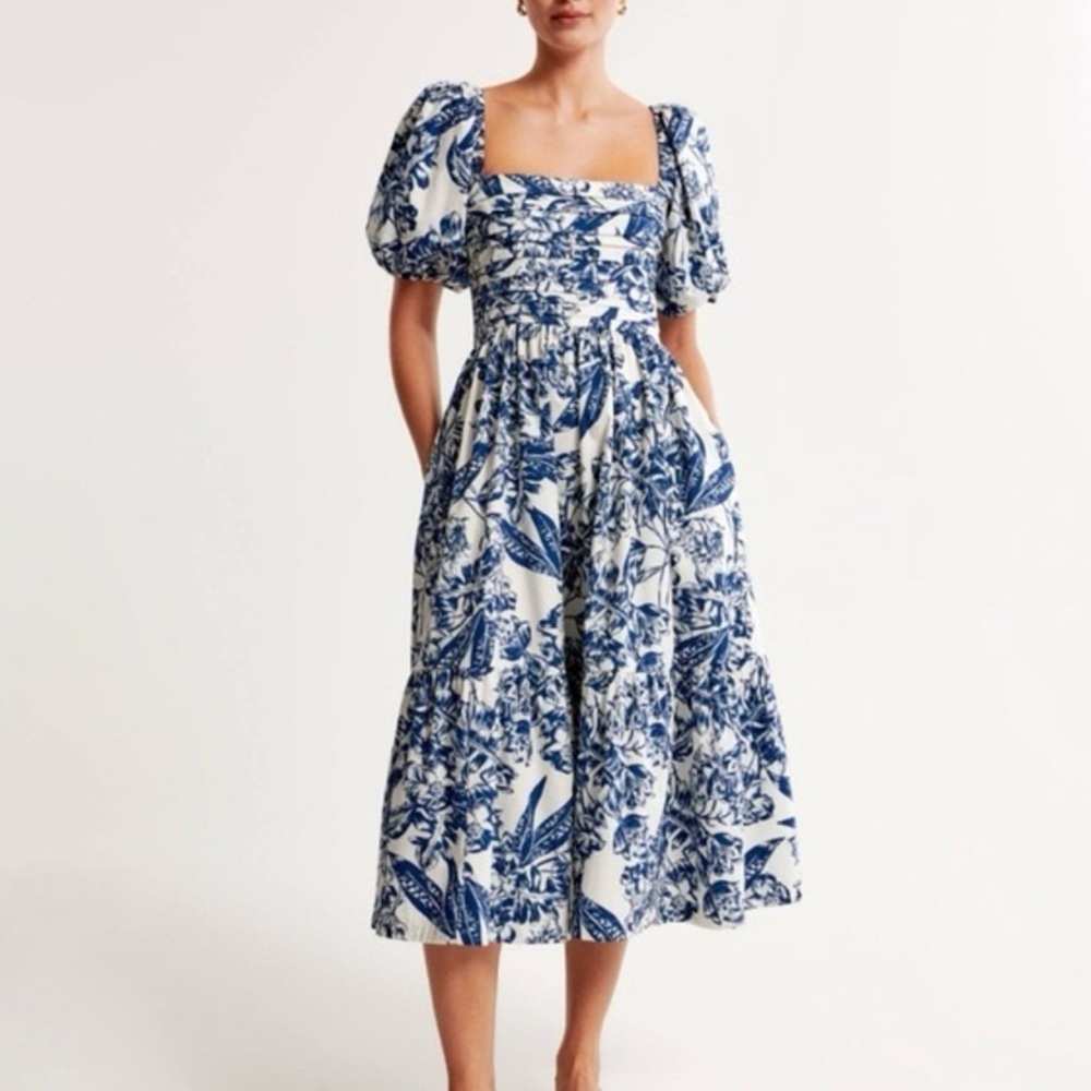 Abercrombie & Fitch Blue and White Emerson Poplin Puff Sleeve Floral Midi Dress